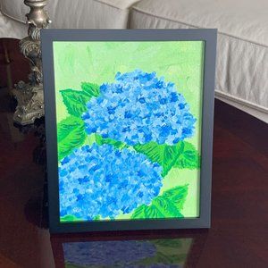 Hydrangea Blues Framed 8 x 10 Original Acrylic Floral Painting, Artist Signed
